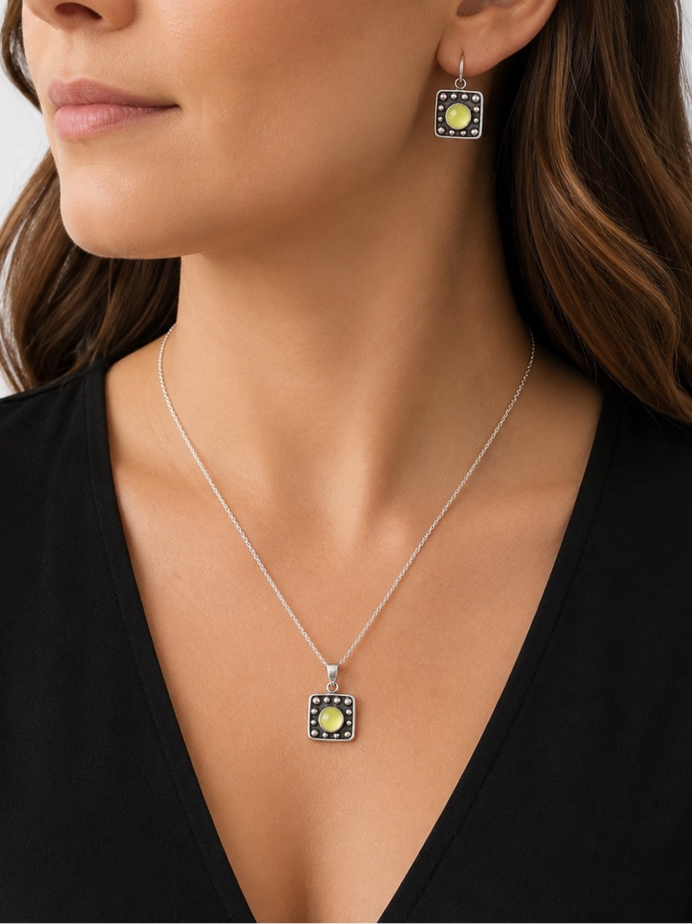 Mexico 925 Sterling Silver Yellow Stone Pendant & Earring Set